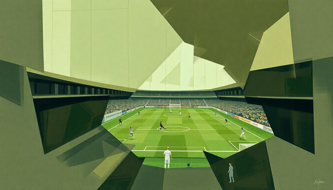 A cubist, geometric painting depicting a fractured, multi-perspective view of a soccer match or competition, with sharp, overlapping planes in muted earth tones of green, brown, and gray, conceptually representing the intricate dynamics of a high-stakes transfer negotiation.