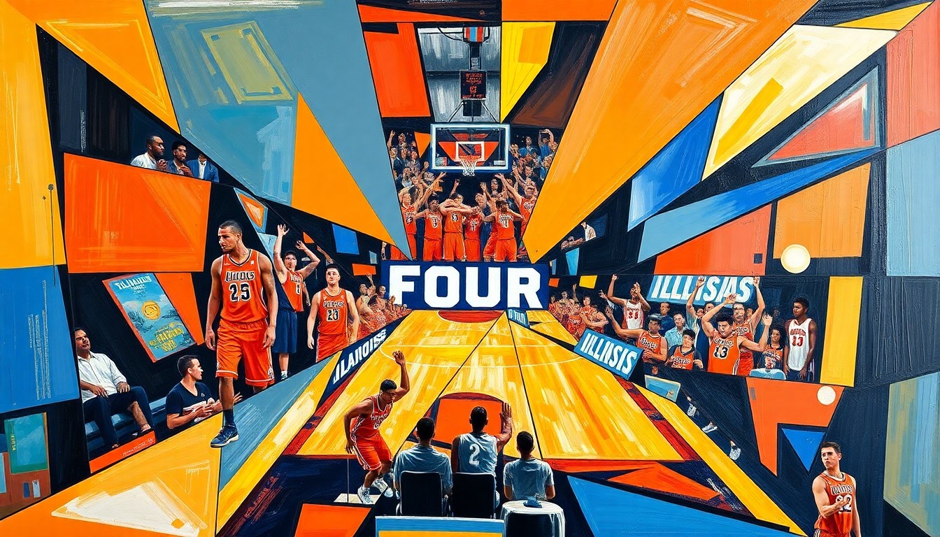 A cubist, geometric painting depicting the energy and emotion of the Illinois basketball team's Final Four run, with sharp, overlapping planes of color and movement.