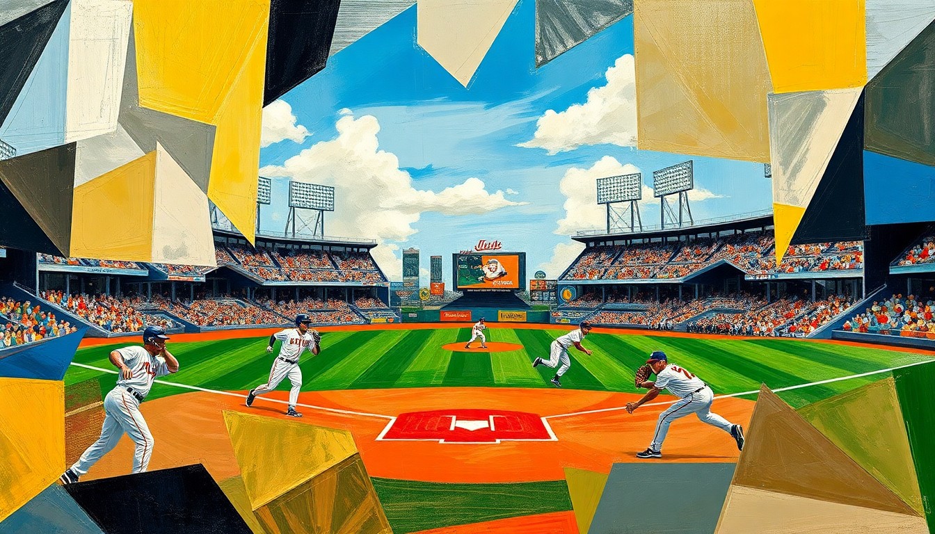 A fractured, multi-perspective painting in a cubist style, breaking down a baseball game into sharp, overlapping geometric planes and forms, capturing the dynamic motion and tension of the sport.