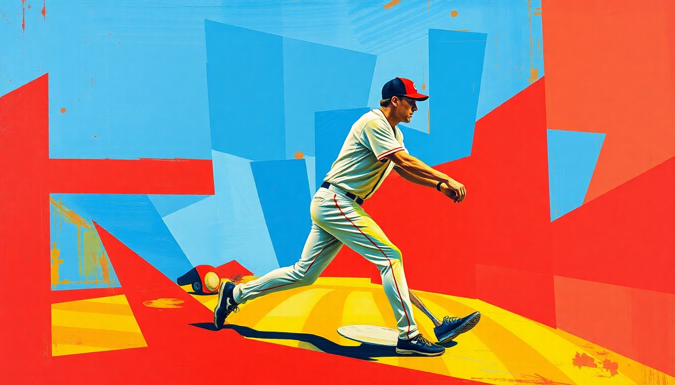 A fragmented, geometric painting in bold primary colors depicting the dynamic movements of a baseball player in action.
