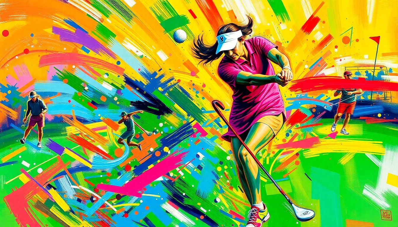 An abstract, energetic painting featuring vibrant neon brushstrokes in shades of green, yellow, and pink, conceptually representing the dynamic motion and raw athleticism of a women's golf tournament.