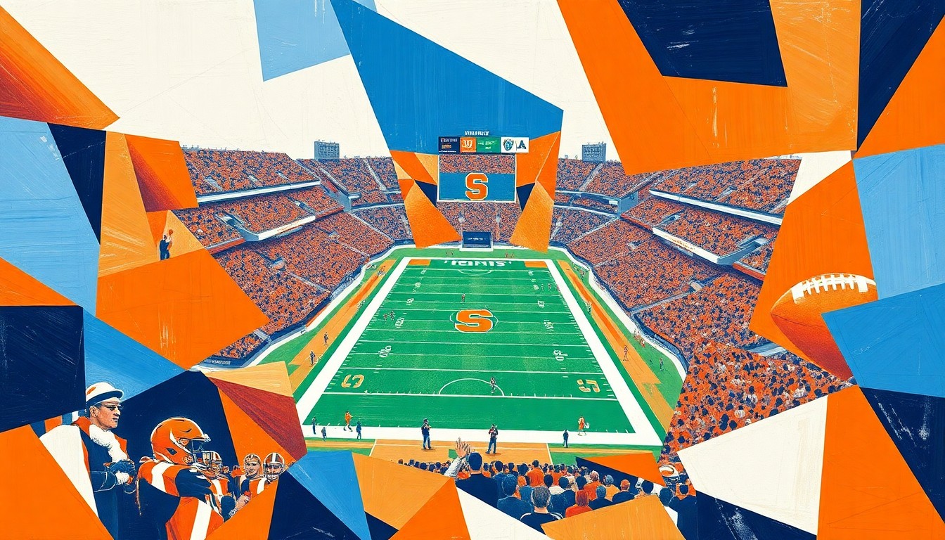 A cubist, geometric painting depicting a college football game, with the players and field broken down into sharp, overlapping planes of orange, blue, and white, the official colors of Syracuse University.