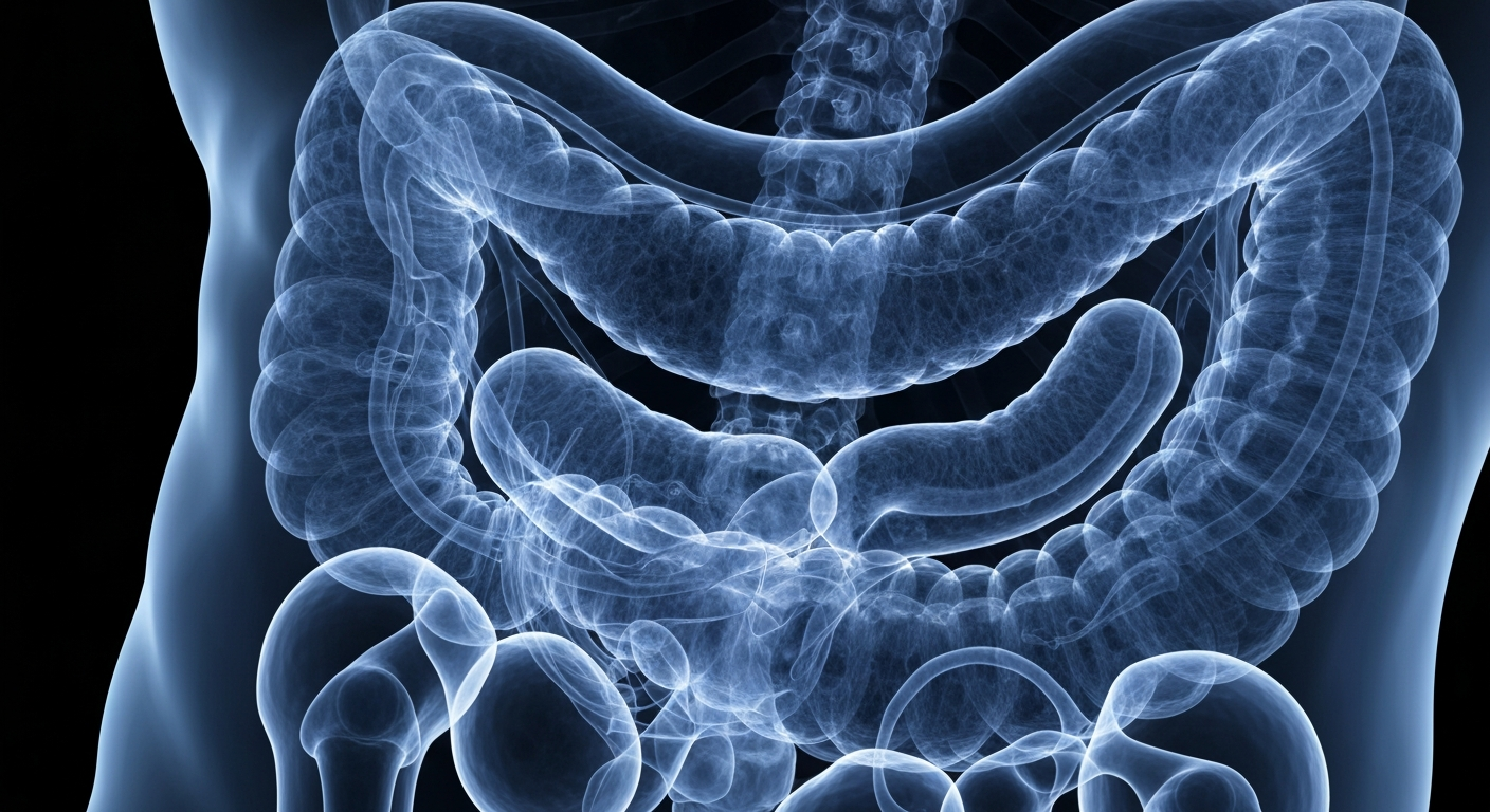 A ghostly, translucent X-ray image revealing the intricate structures and processes of the human digestive system, conceptually illustrating the complex biological factors involved in weight management.