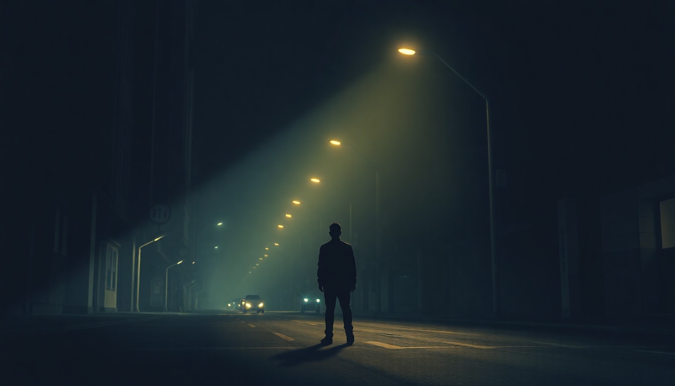 A moody, cinematic painting in warm tones depicting a lone figure standing on a shadowy urban street, conveying a sense of isolation and vulnerability in the face of bureaucratic power.