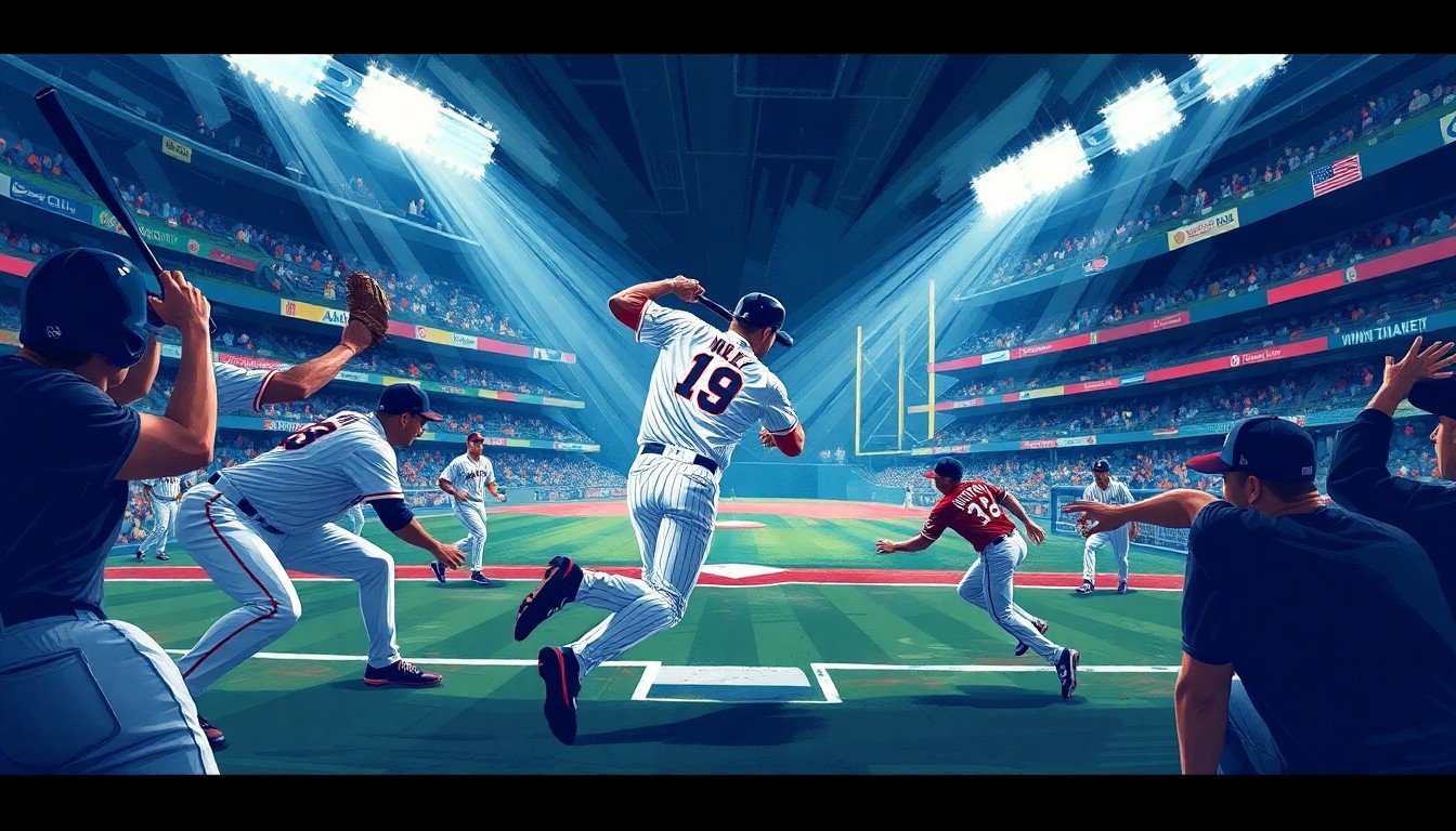 A cubist-style painting depicting a baseball game, with overlapping geometric planes and sharp angles representing the sport's dynamic action and strategic depth.