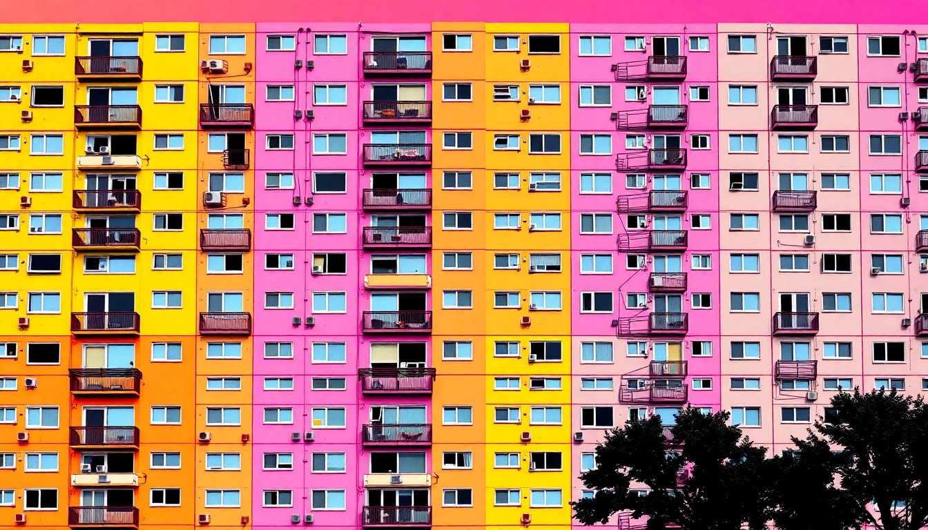 A brightly colored, high-contrast silkscreen print of a single, iconic affordable housing complex repeated in a tight grid pattern, utilizing flat, vibrant neon color palettes and heavy black outlines to capture the essence of Jessor's architectural contributions.