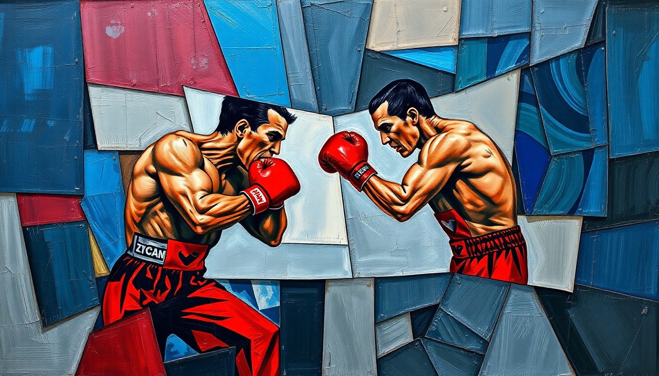 A fragmented, cubist-style painting depicting a boxer in motion, with sharp geometric shapes and planes of deep blue, red, and gray tones conveying the raw energy and power of the sport.