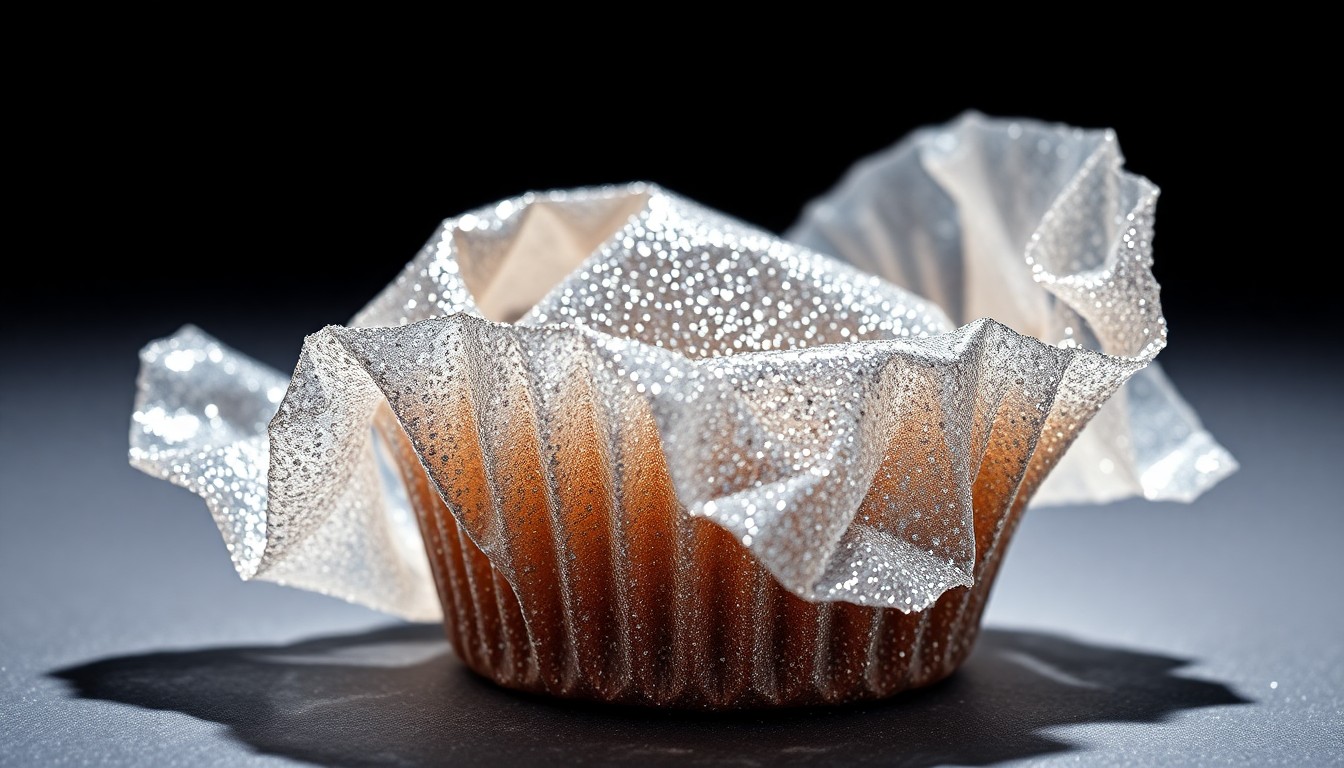An extreme close-up of a crumpled, glittering cupcake wrapper, conceptually representing the sensory overload and disorientation experienced by the film's protagonist.