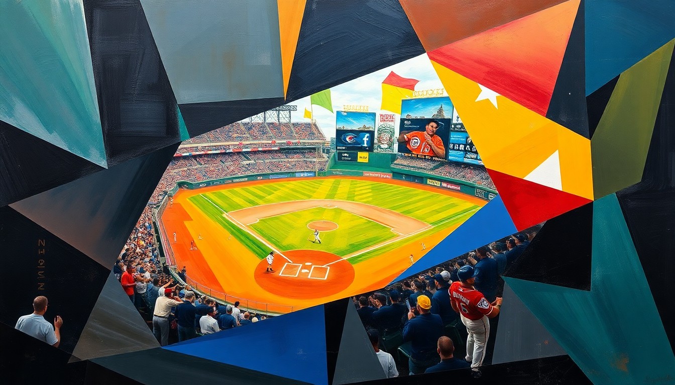 A fractured, multi-perspective painting featuring overlapping geometric shapes and planes in vibrant colors, representing the raw competitive spirit and dynamic action of a baseball game.