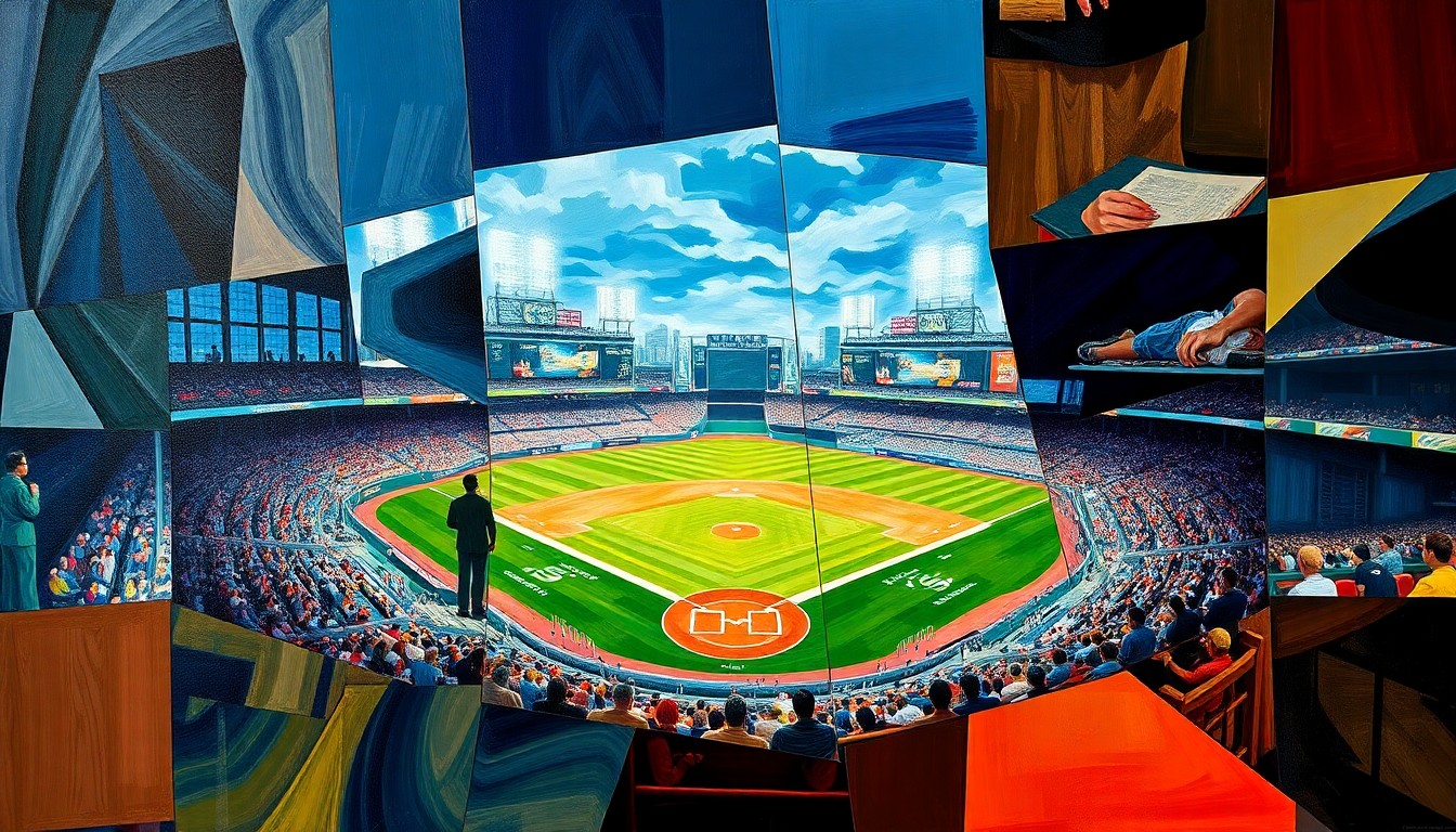 A fractured, multi-perspective painting in muted tones of blue, green, and orange, breaking down a baseball game or match into sharp, overlapping geometric planes, conceptually representing the enduring legacy of Jose Ramirez's record-breaking career with the Cleveland Guardians.
