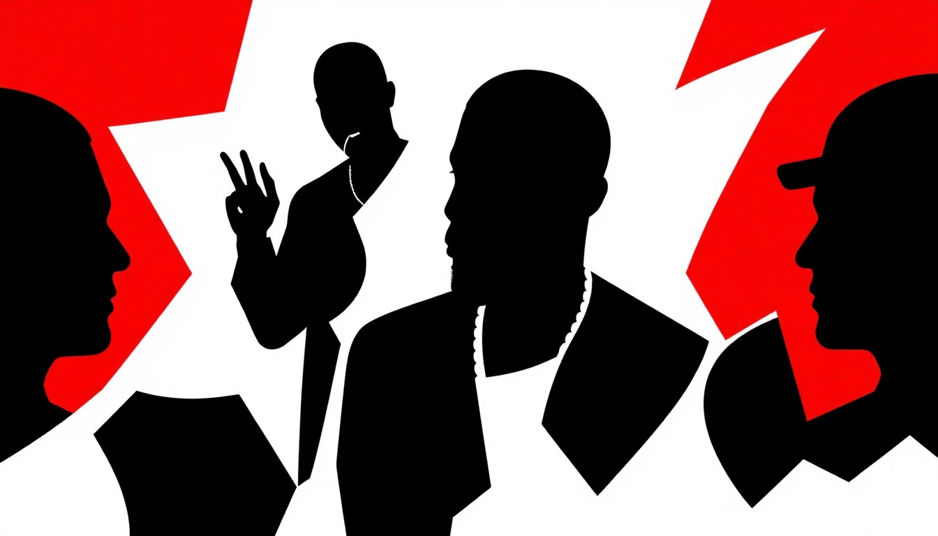 A striking abstract composition of jagged geometric shapes in bold red and black, conceptually representing the contrasting reactions to Kanye West's comeback.