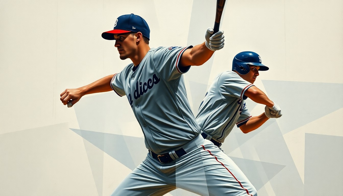 A fragmented, geometric painting depicting the motion of a baseball pitcher and the swing of a batter, broken down into sharp, overlapping planes of muted blues, grays, and browns to convey the analytical, strategic nature of modern roster construction.