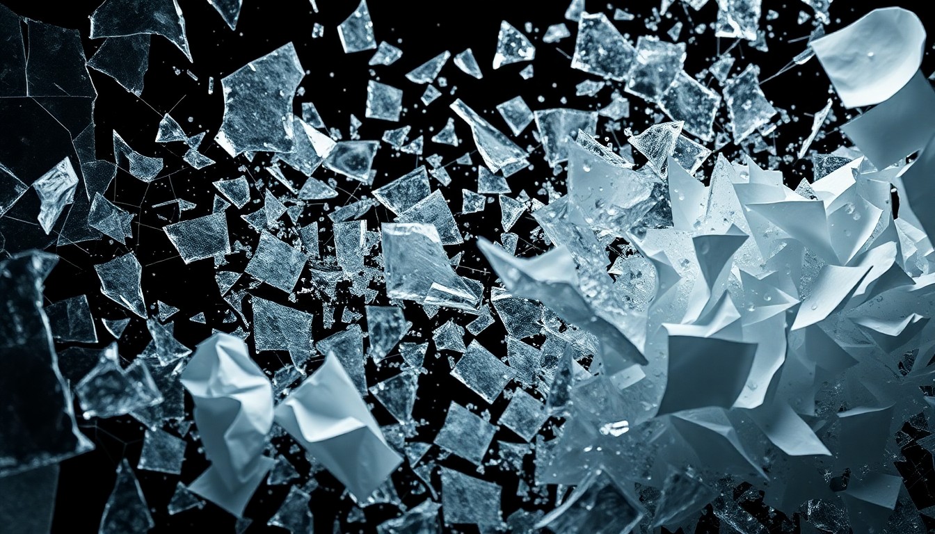 An abstract close-up photograph featuring shards of broken glass and crumpled paper in dramatic, high-contrast studio lighting, conceptually representing the fragmented power dynamics and broken trust at the center of this rap feud.