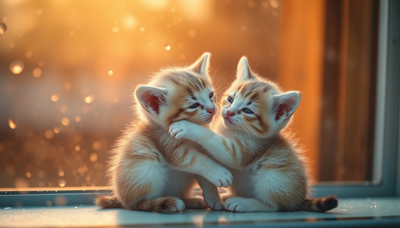 An extremely abstracted, out-of-focus photograph of two small kittens snuggled closely together, their forms blurred into soft shapes of warm color and gentle light, conveying the tender bond between the inseparable feline brothers.