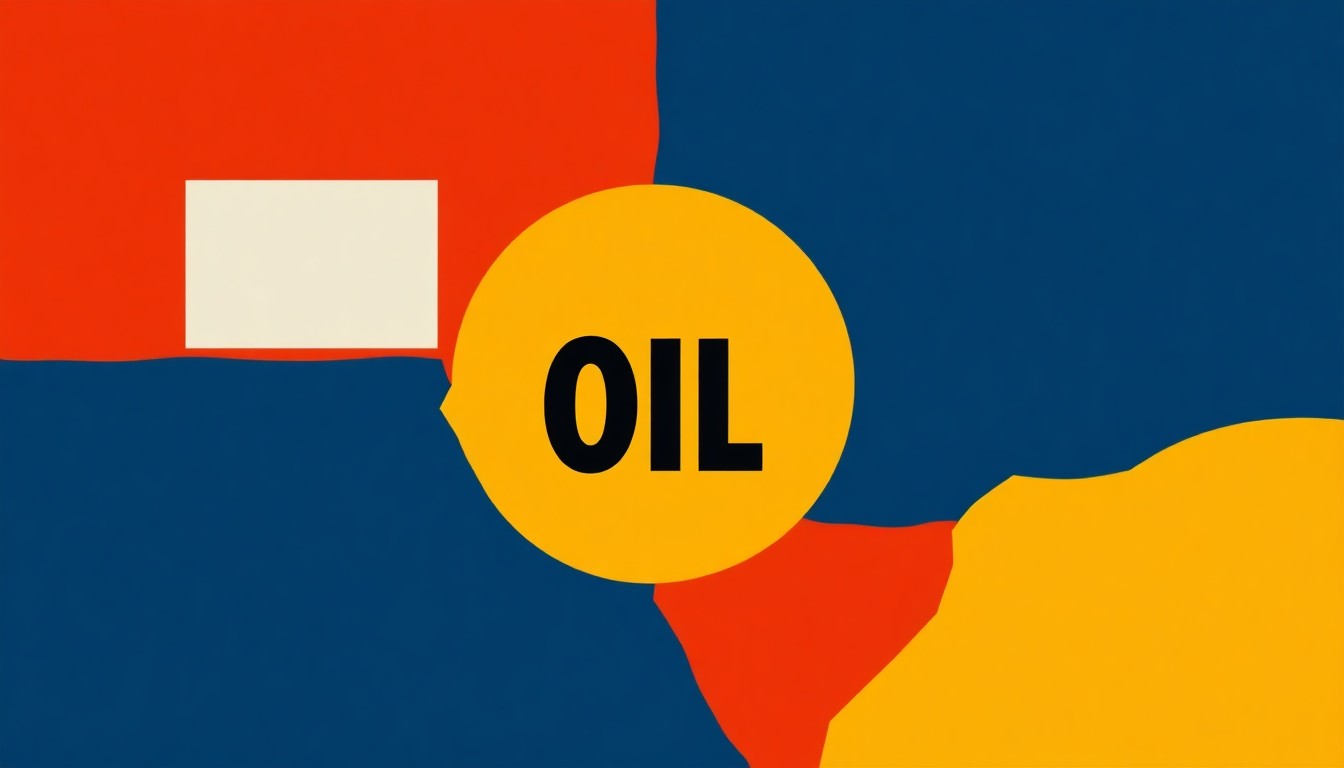An abstract composition of overlapping triangles and rectangles in shades of blue, red, and yellow, conceptually representing the disruption and volatility in the global oil supply caused by the conflict in the Middle East.