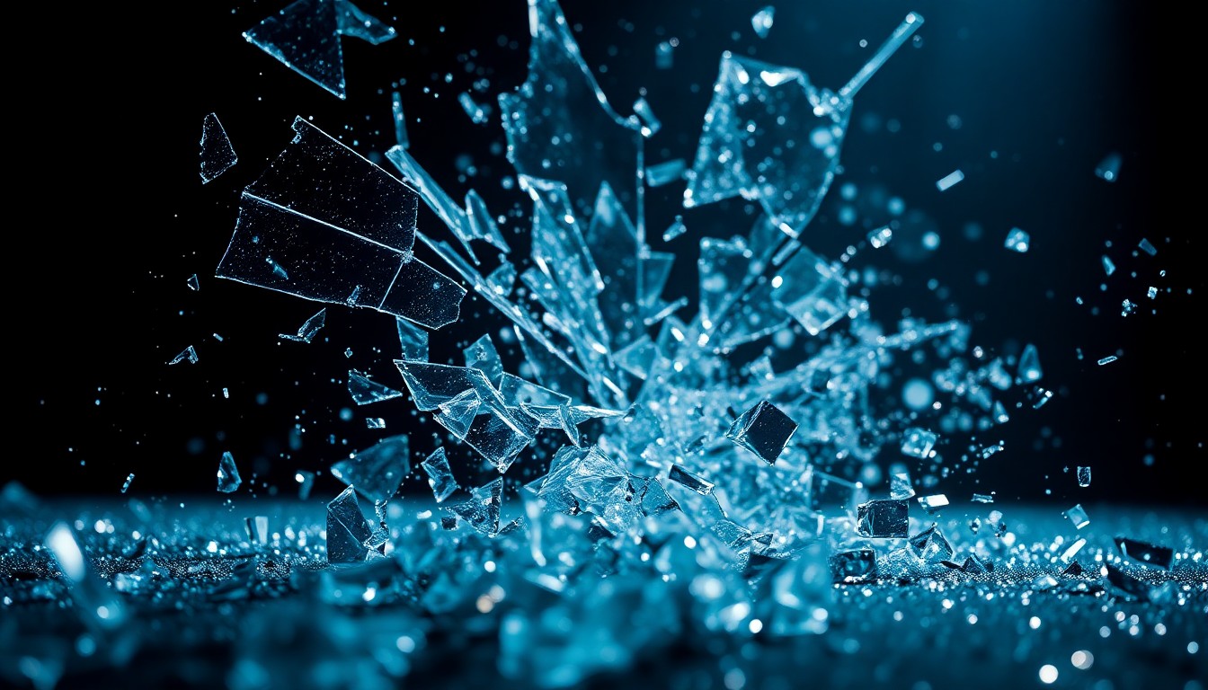 An abstract, high-contrast close-up photograph featuring shattered glass and glittering sequins, conveying the sense of uncertainty and high drama surrounding the future of the High Potential TV series.