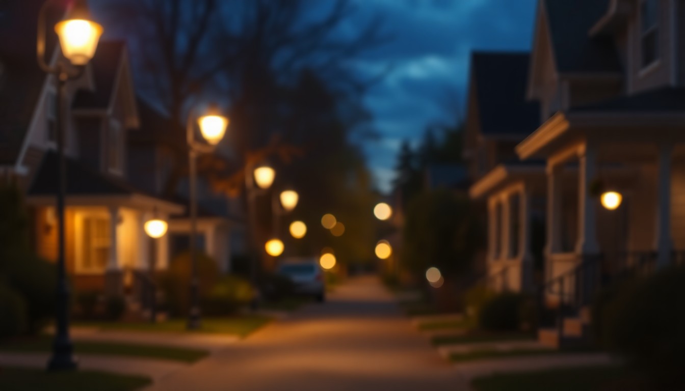 A softly blurred, atmospheric photograph of a residential street at night, with warm pools of light from streetlamps and porch lights creating a cozy, inviting scene that conveys the importance of visibility for public safety.