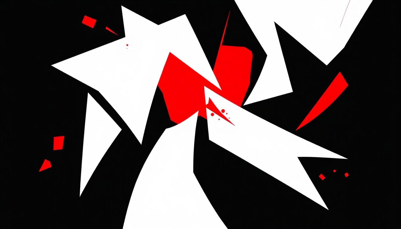 An abstract, minimalist illustration featuring sharp, angular shapes in black, white, and a bright accent color, conveying the dynamic energy of an art exhibition without depicting any specific people, places, or objects.