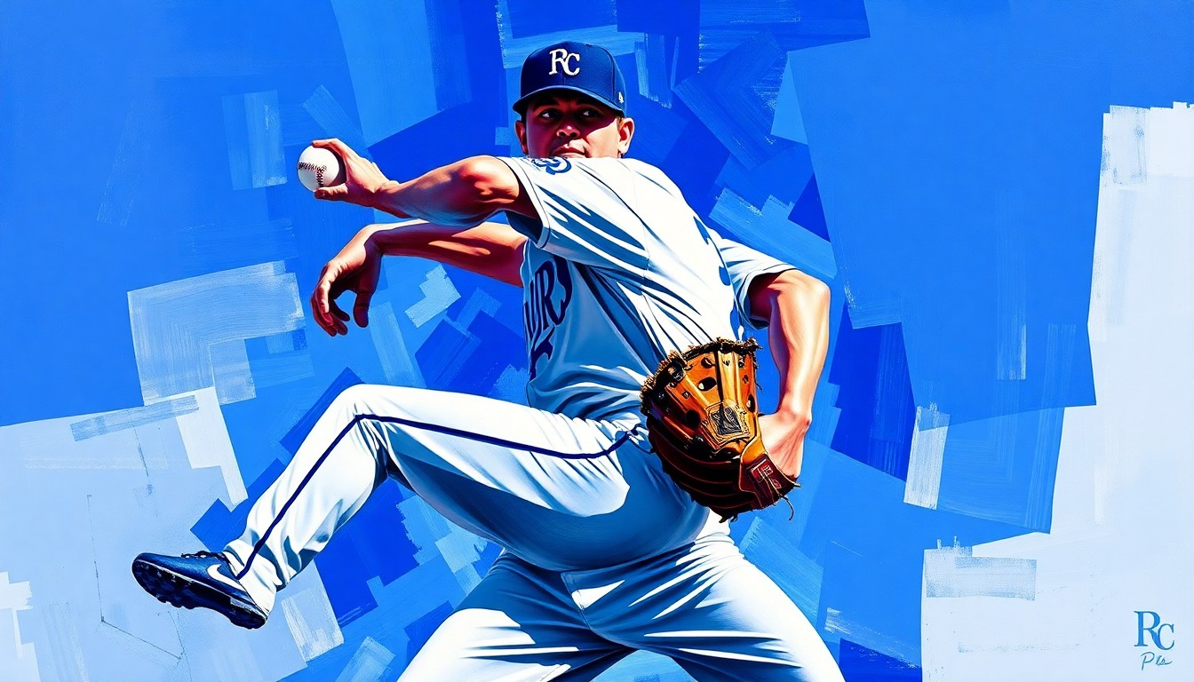 A fractured, geometric painting depicting a baseball pitcher's windup and delivery, with sharp, overlapping planes in the Royals' team colors of royal blue, powder blue, and white, conveying the complexities the team faces in optimizing their pitching staff.