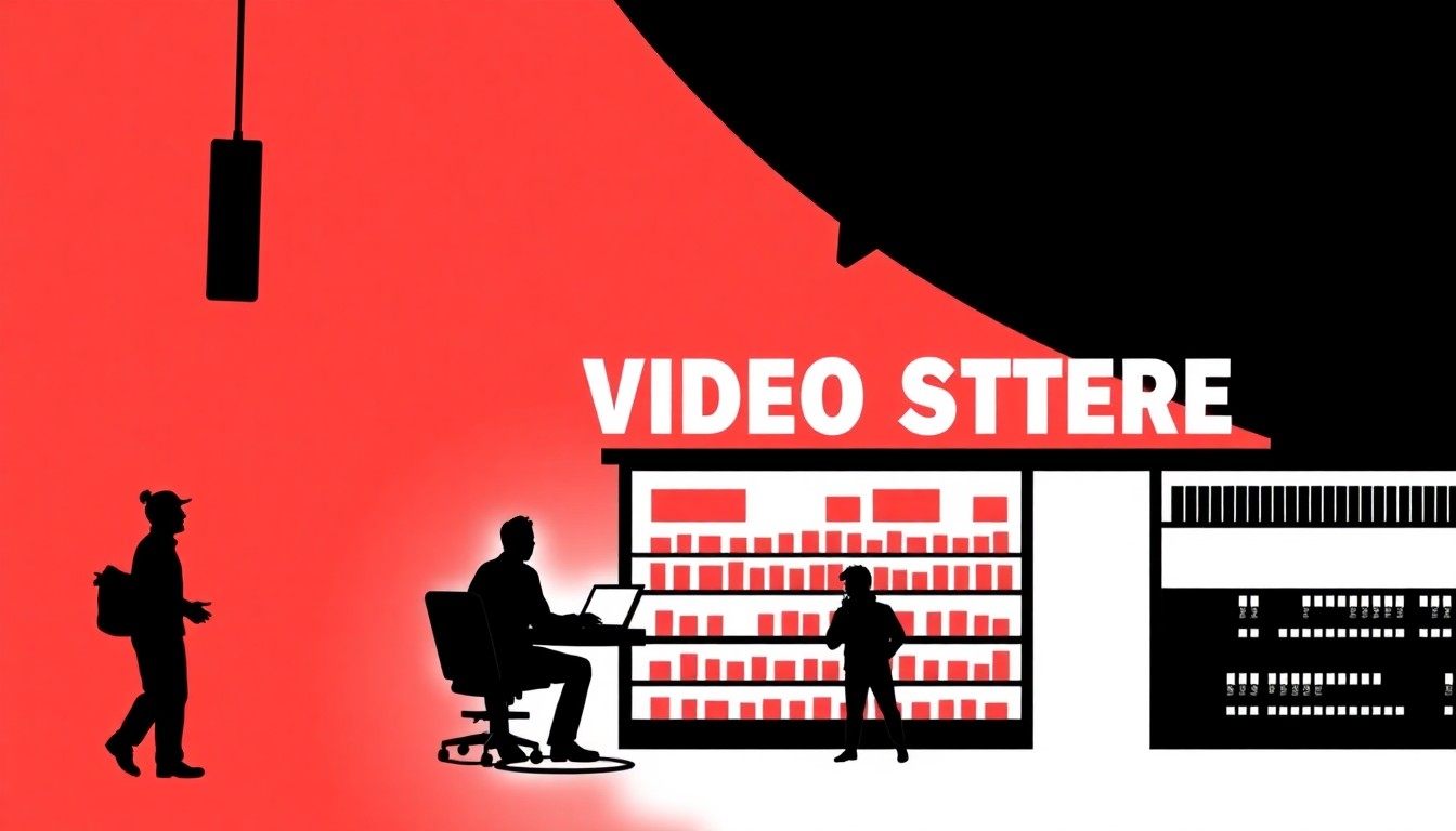 A bold, abstract illustration featuring stark, jagged geometric shapes in high-contrast red and white, conceptually representing the nostalgic appeal of the 90s video store experience at the 'Back 2 The Video Store' pop-up bar in Las Vegas.