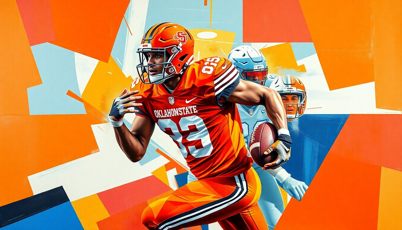 A fragmented, cubist-style painting depicting a college football player in motion, with sharp geometric planes and the vibrant team colors of Oklahoma State University.
