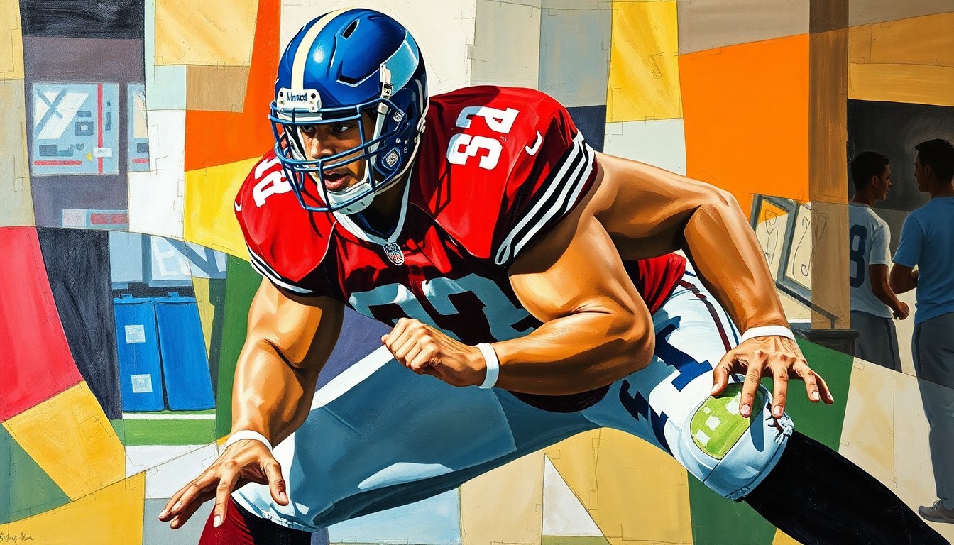 A cubist-style painting depicting an offensive lineman in pass protection, with the player's body and movements broken down into sharp, overlapping geometric shapes and planes in a vibrant color palette.