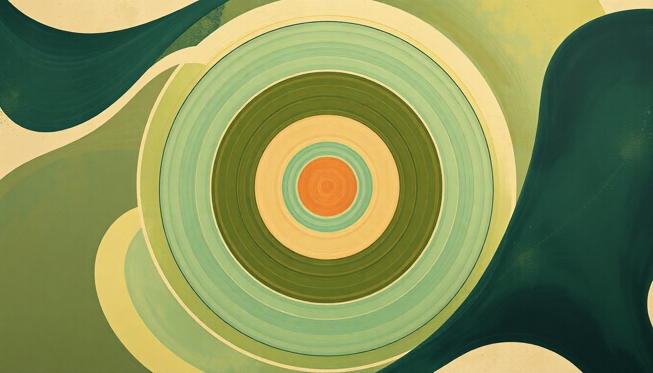 A bold, abstract painting in muted earth tones depicts a complex, interconnected system of geometric shapes and flowing lines, representing the intricate solar power infrastructure installed by Graphic Village on its rooftops, conceptually illustrating the company's commitment to renewable energy and environmental sustainability.