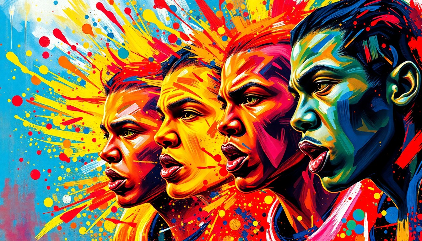 An abstract, expressionist painting featuring bold, energetic brushstrokes in neon colors, conceptually representing the passion and excitement of high school sports in Detroit.