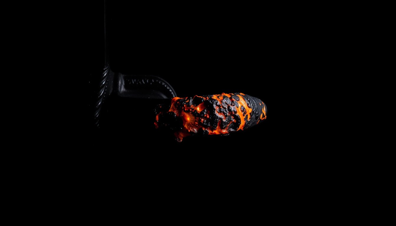 An extreme close-up of a charred and melted door handle, conceptually illustrating the aftermath of a devastating house fire that was extinguished thanks to the bravery of an off-duty EMT.
