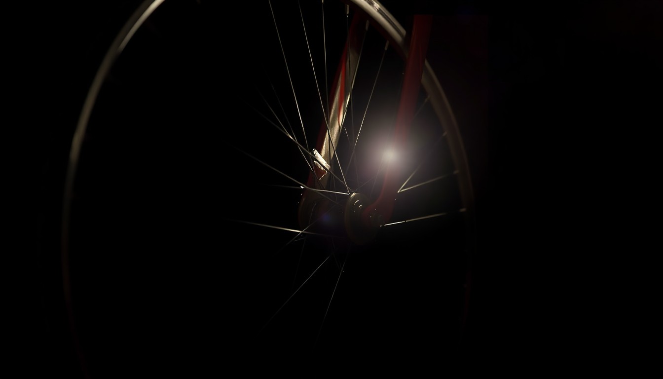 An extreme close-up photograph of a damaged bicycle wheel, the metal spokes and rubber tire reflecting the harsh, direct flash of the camera against a pitch-black background, creating a stark, gritty, and investigative aesthetic.