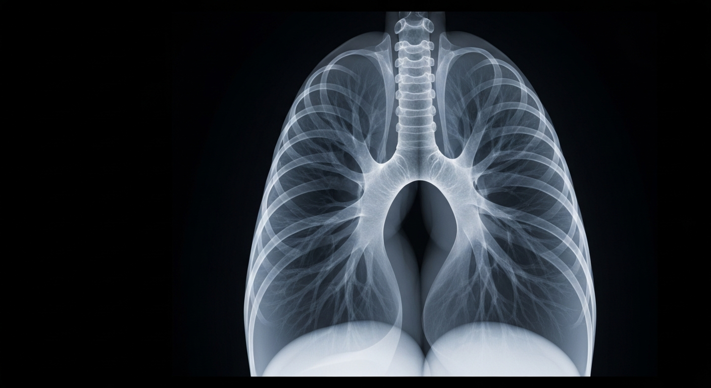 A translucent X-ray photograph showing the delicate, intricate structure of a healthy human lung, glowing against a dark background, representing the resilience of the human body in overcoming terminal illness.