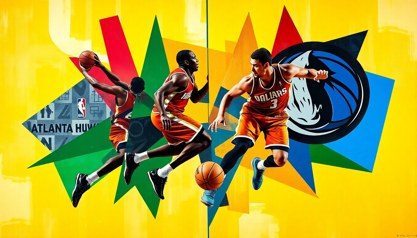 A fractured, cubist-style painting depicting an abstracted basketball game between the Atlanta Hawks and Dallas Mavericks, with the players' forms broken down into dynamic, overlapping geometric shapes in the teams' official colors.