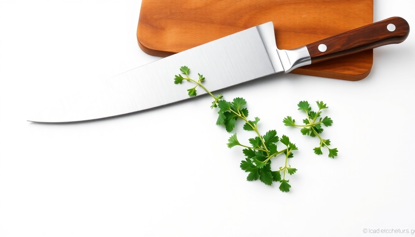 A minimalist studio still life photograph featuring a polished stainless steel chef's knife, a wooden cutting board, and fresh herbs, symbolizing the culinary skills and attention to detail required for the new executive chef role at the Ridgewood facility.