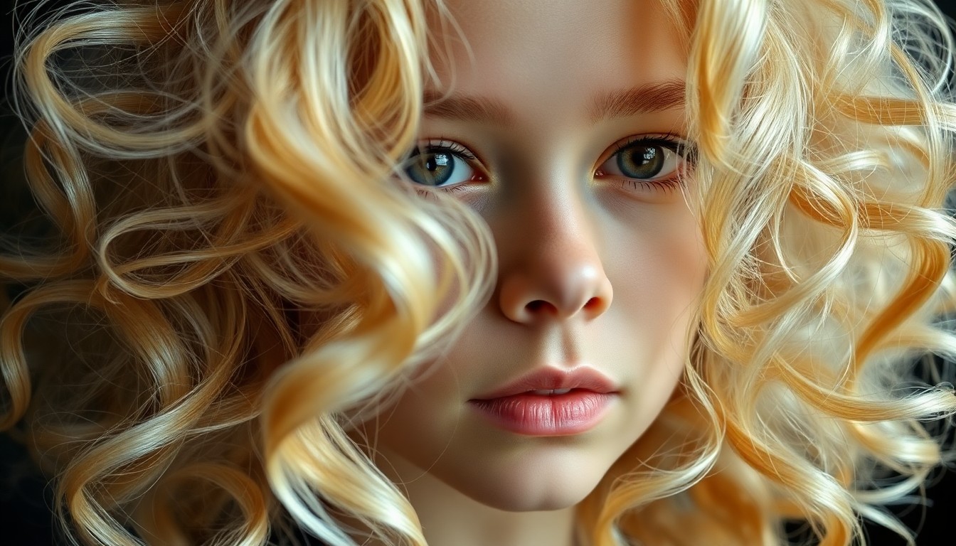 An extreme close-up photograph of Harper Beckham's voluminous, curled blonde hair, captured in dramatic, high-contrast studio lighting to highlight the luxurious, high-fashion texture of her new hairstyle.
