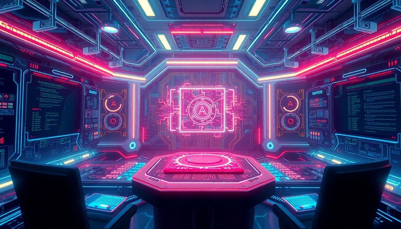 A highly detailed, glowing 3D illustration of a futuristic cybersecurity control room, with pulsing data streams, intricate circuit boards, and a central holographic display, conveying the high-stakes, high-tech nature of the battle against AI-powered cyber threats.