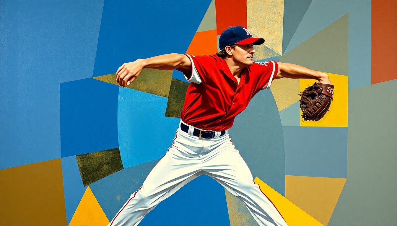 A cubist-style painting depicting the fractured, geometric movements of a baseball pitcher, with sharp planes of navy, crimson, and gold representing the raw power and athleticism of the sport.