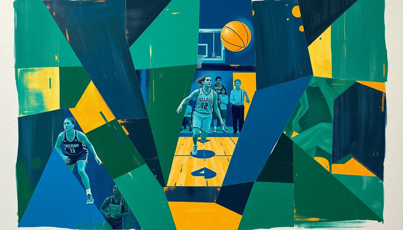 A cubist, geometric painting depicting a fragmented women's basketball game, with sharp planes of navy, green, and gold representing the dynamic action on the court.