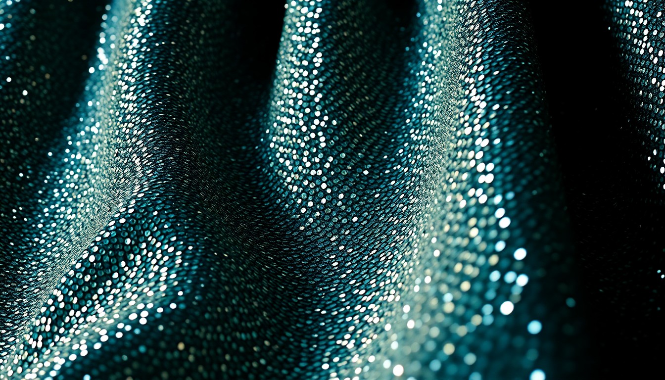 An abstract close-up photograph of a luxurious, glittering sequin-covered fabric, using dramatic high-contrast lighting to create a sense of glamour and opulence.