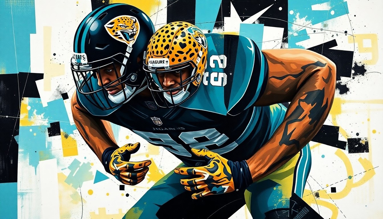 A cubist, geometric painting depicting the fragmented movements and perspectives of an offensive lineman in action, using the bold teal, black, and gold colors of the Jacksonville Jaguars to conceptually represent their search for versatile offensive line depth.