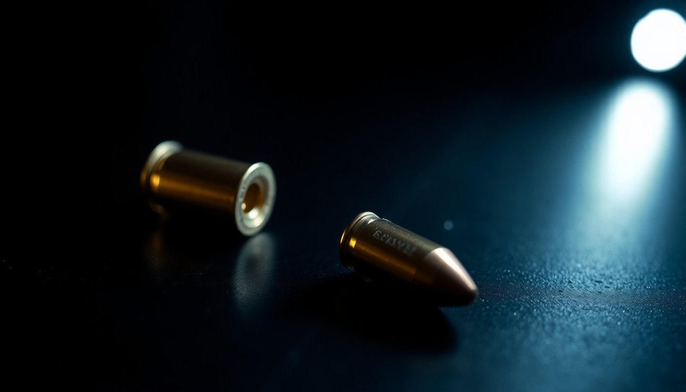 An extreme close-up photograph of a single spent bullet casing on a dark surface, lit by a harsh, direct camera flash, conceptually representing the tragic loss of life to gun violence.