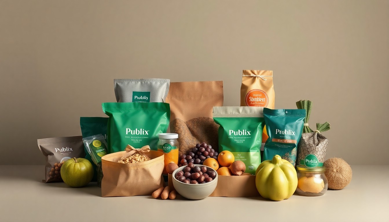 A high-end, minimalist studio still life photograph featuring an elegant arrangement of premium, geometric grocery items in earthy tones, conceptually representing the quality and attention to detail that defines the Publix brand.