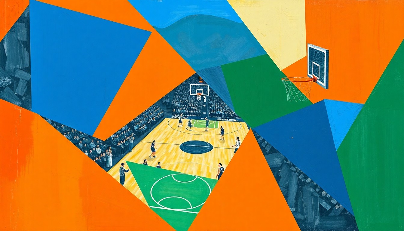 A fragmented, cubist-style painting depicting a college basketball game, with the players and court broken down into sharp, overlapping geometric shapes in shades of orange, blue, and green, conceptually representing the disruption and lack of continuity caused by high player turnover.