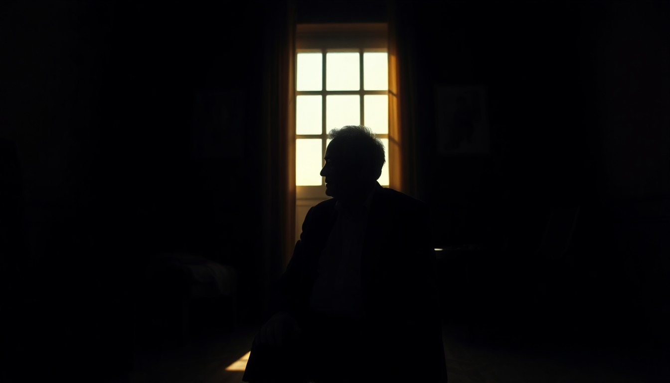 A cinematic painting of an elderly man sitting alone in a dimly lit room, the warm sunlight casting deep shadows across his face, conveying a sense of melancholy and isolation.