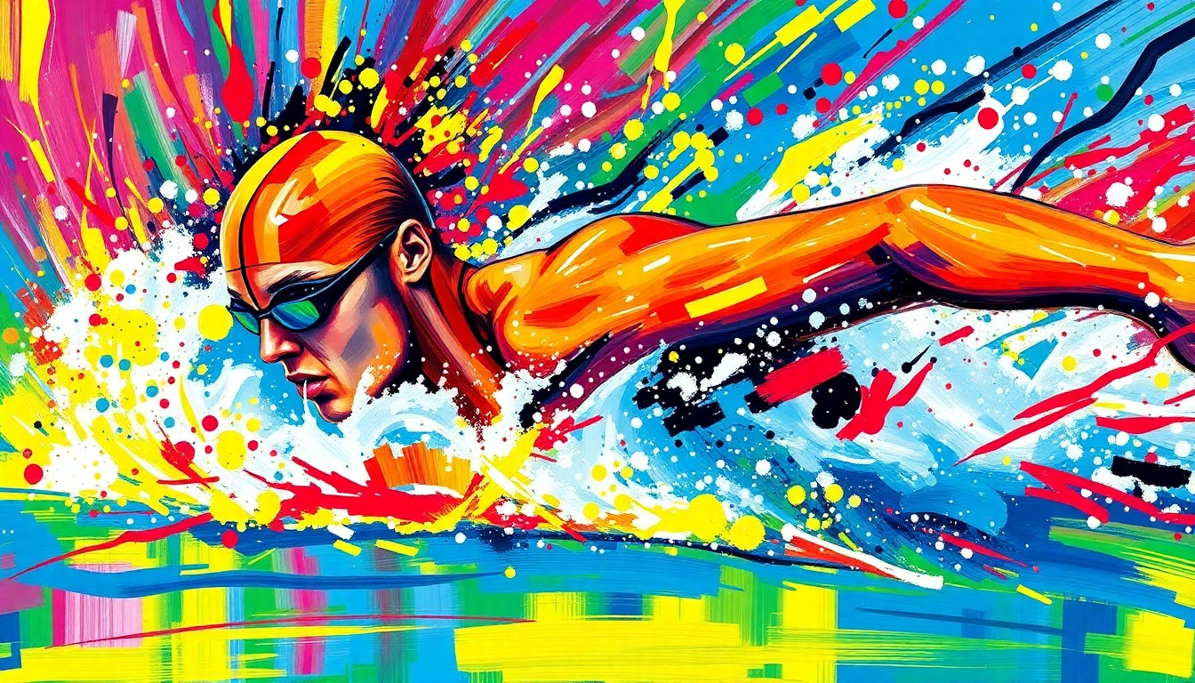 An abstract, expressionist painting in vibrant neon colors, with rapid brushstrokes and dissolving figures representing the intense athleticism and movement of a 100m freestyle swimming race.