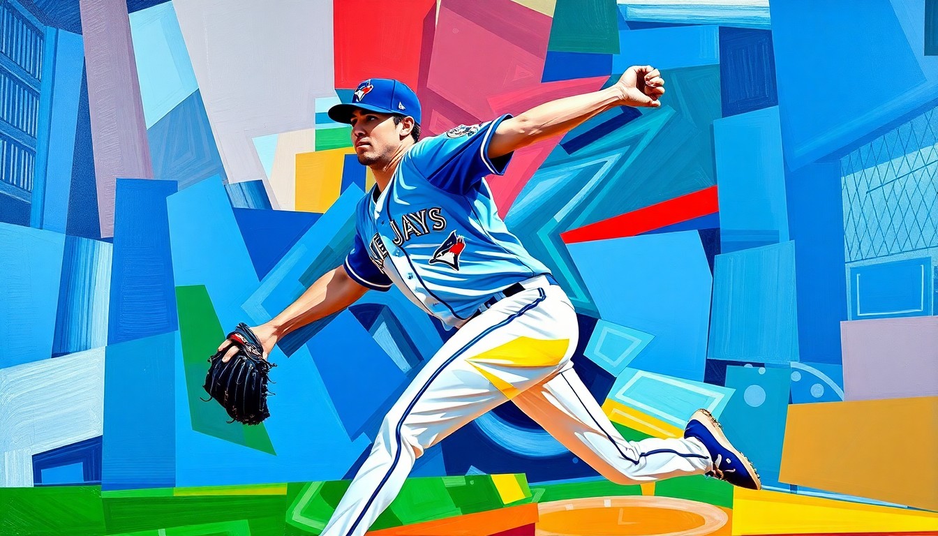 A cubist, geometric painting depicting a baseball pitcher's motion, with sharp, overlapping planes in the bright blue and white colors of the Toronto Blue Jays uniform, conveying the energy and determination of the team's young star player.