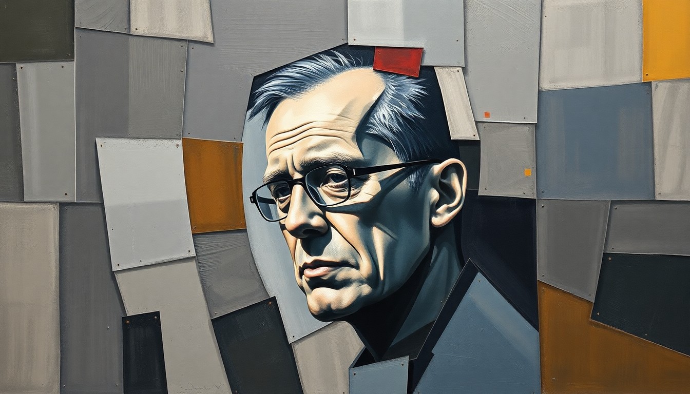 A fragmented, geometric painting in muted tones, depicting the multifaceted career of a veteran sports journalist through overlapping planes and perspectives, conceptually representing the changing landscape of the industry.