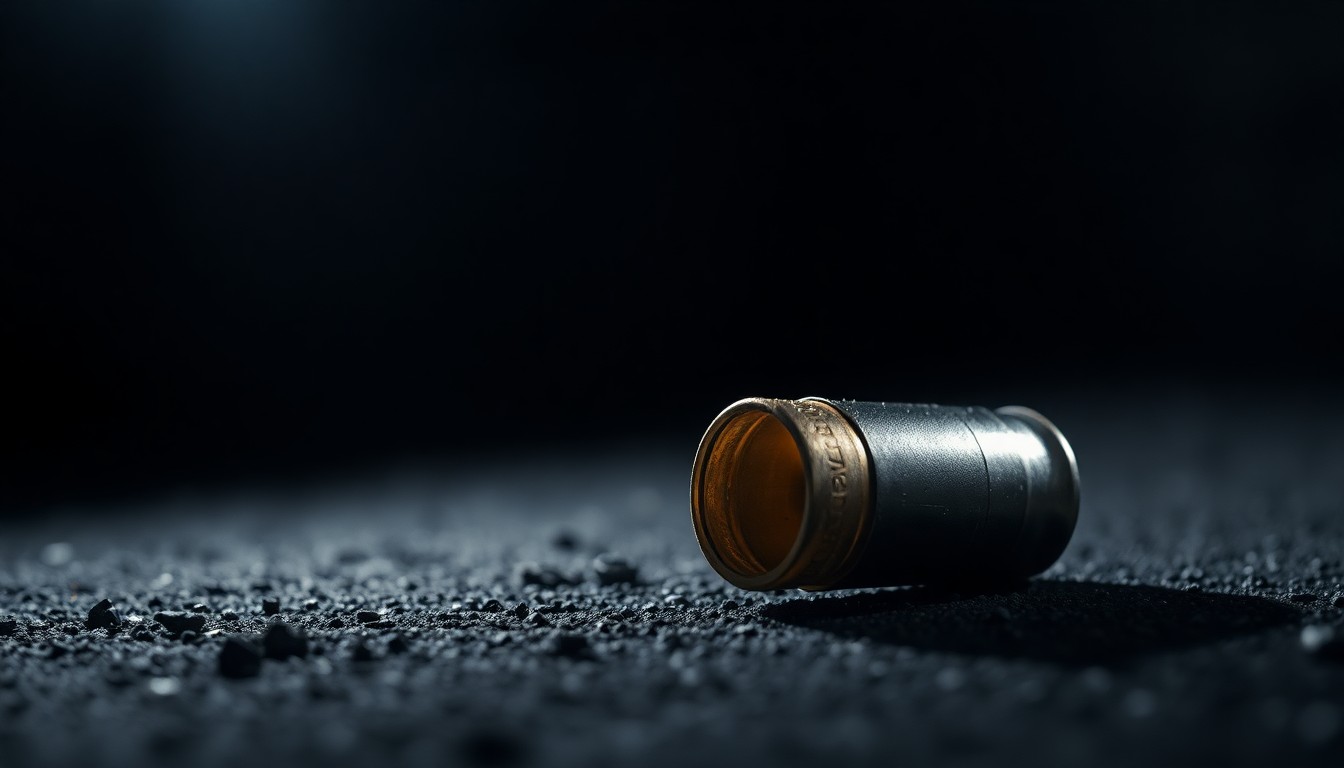 An extreme close-up of a spent shell casing on a dark, textured surface, dramatically lit by a harsh camera flash to create a stark, gritty, investigative aesthetic.
