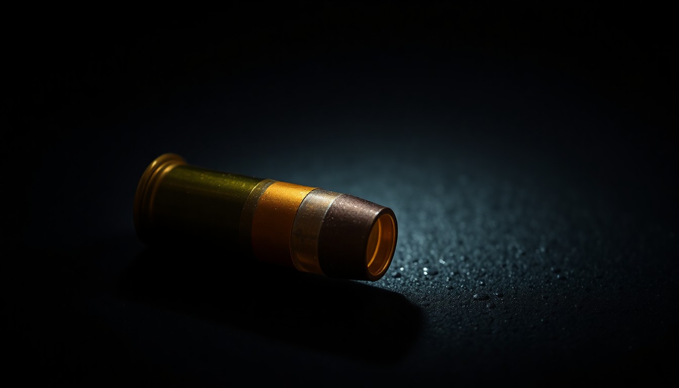 An extreme close-up of a spent shell casing on a dark, textured surface, lit by a harsh, direct camera flash, conceptually representing the aftermath of a shooting incident.
