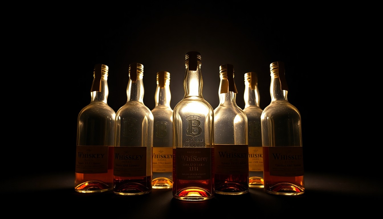 An extreme close-up photograph of several empty whiskey bottles against a pitch-black background, creating a stark, gritty, investigative aesthetic without any text or identifying details.