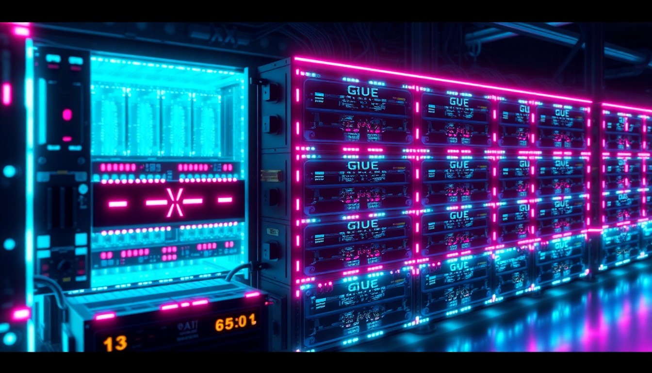 A highly detailed, glowing 3D illustration of a massive GPU cluster, with neon cyan and magenta lights illuminating the intricate hardware components, conceptually representing the scale and power of xAI's AI infrastructure.